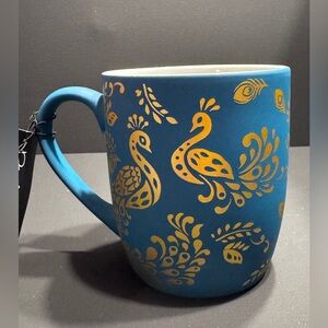 Dwell Studios Rich Teal and Gold Peacock Soft Touch Coffee Mug - Great Gift